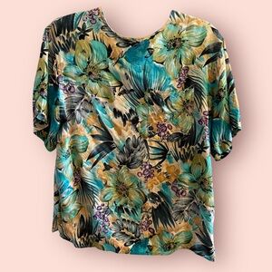Vintage Tropical Floral Rayon Blouse – Teal & Mustard Oversized